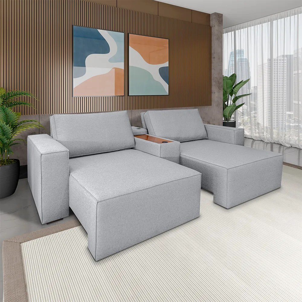 Sofá Decorativo Automatizado Shogun 232cm Reclinável 6 Posições Retrátil c/Console Central Entrada USB Bluetooth Linho Cinza Claro G33 - Gran Belo