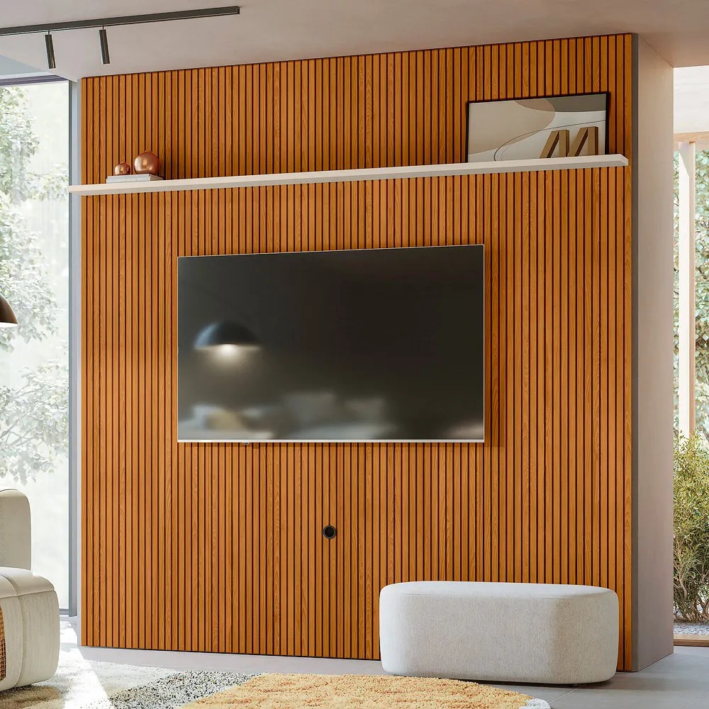 Painel TV 75 Pol 238cm Ripado para Sala Kalven M20 - D'Rossi - Cinamomo e Off White