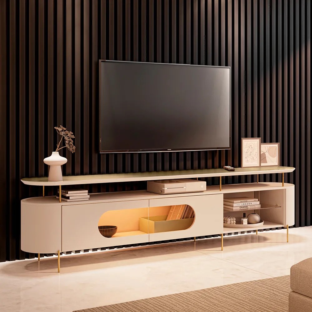 Rack Bancada Ária com Led e Prateleira Vidro TV Até 85 Polegadas Off White/Champanhe G26 - HB Móveis