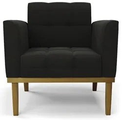 Sofá Namoradeira e 2 Poltronas Base Madeira Castanho Ana Suede Preto -