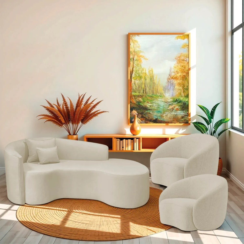Kit Recamier Curvo Sala de Estar Inglaterra 200cm Lado Direito e 2 Poltronas Orgânica Luxo Amore Bouclé