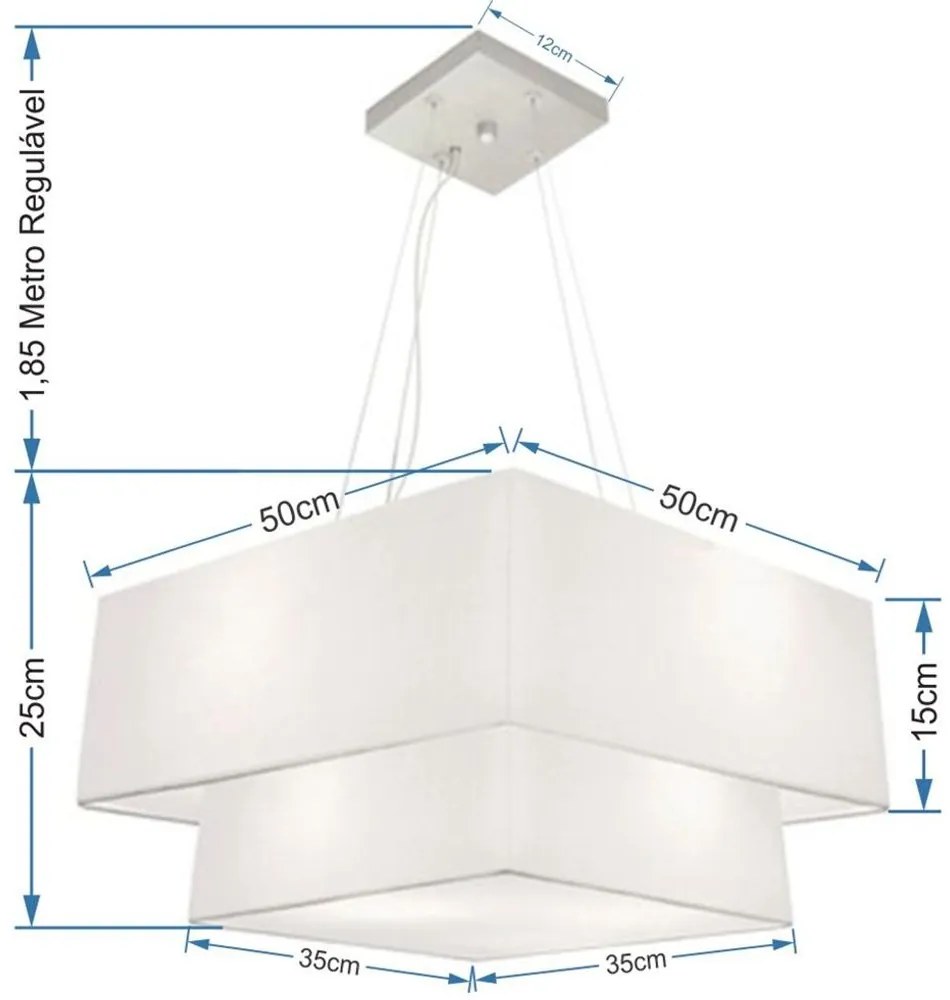 Lustre Pendente Duplo Quadrado Vivare Md-4066 Cúpula em Tecido 50x35cm Branco - Bivolt