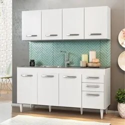 Armário Aéreo Panamá e Balcão Gabinete Áustria com Pia Inox 160cm Bran