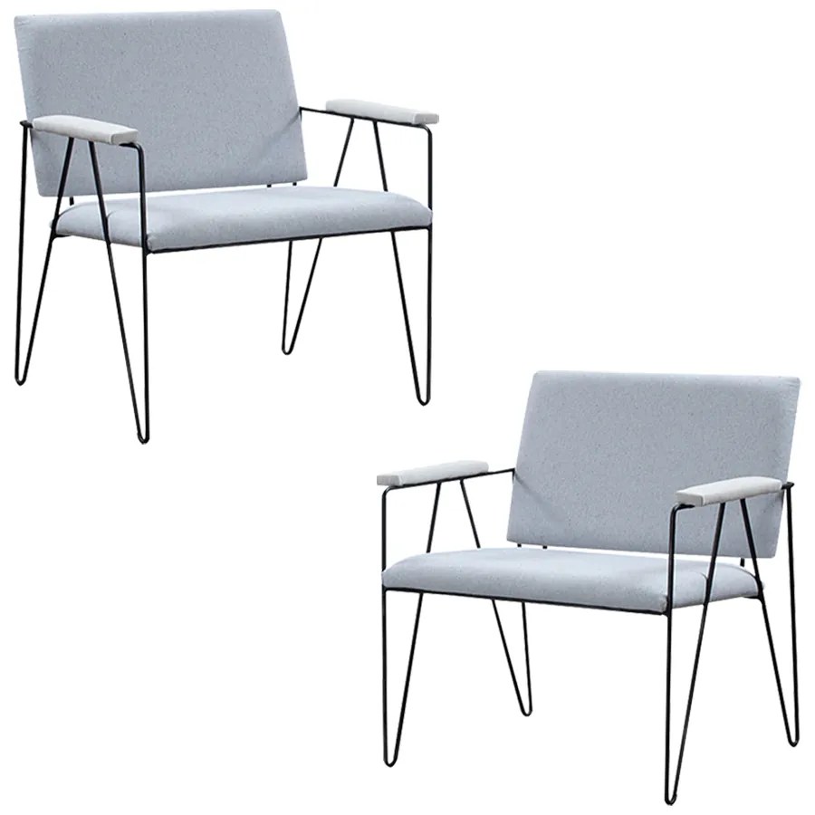 Kit 2 Poltronas Decorativas Base em Aço Preto Eslovenia Linho Cinza G17 - Gran Belo