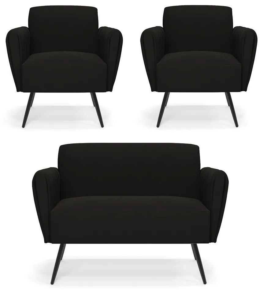 Sofá Namoradeira com 2 Poltronas Pés Palito de Ferro Bruna Suede D01 - D'Rossi - Preto