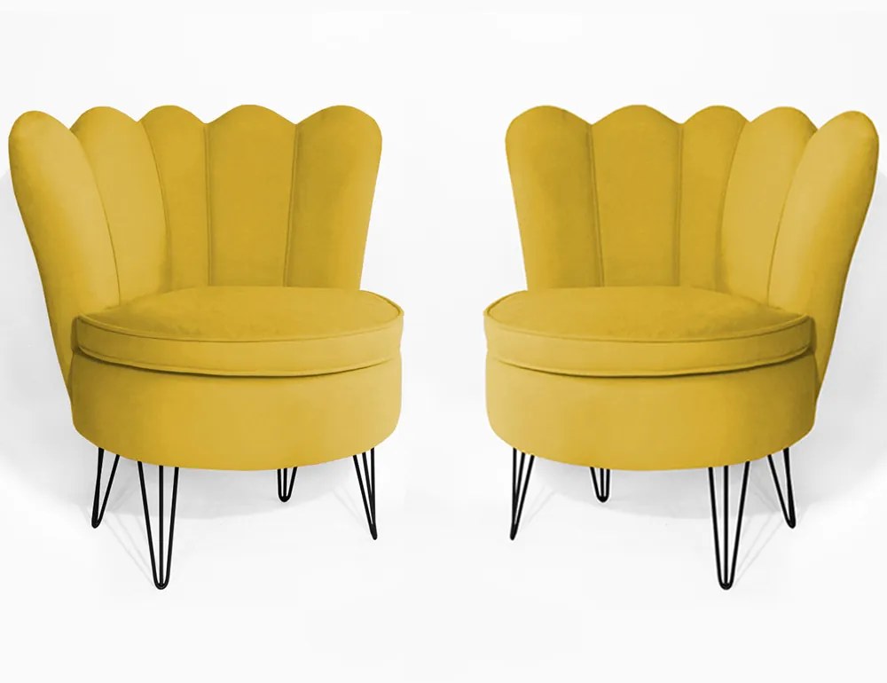 Conjunto 2 Poltrona Dália com 2 Puff Chloe Pés Hairpin Legs Preto Veludo Amarelo