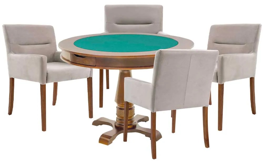 Mesa de Jogos Carteado Victoria Redonda Tampo Reversível Amêndoa com 4 Cadeiras Vicenza Suede Nude G36 G15 - Gran Belo