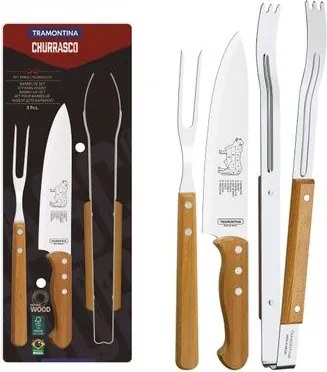 Jogo para Churrasco Tramontina em Aço Inox e Madeira 3 Peças