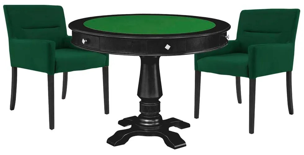Mesa de Jogos Carteado Victoria Redonda Tampo Reversível Preto com Kit 2 Cadeiras Vicenza Suede Verde G36 G15 - Gran Belo