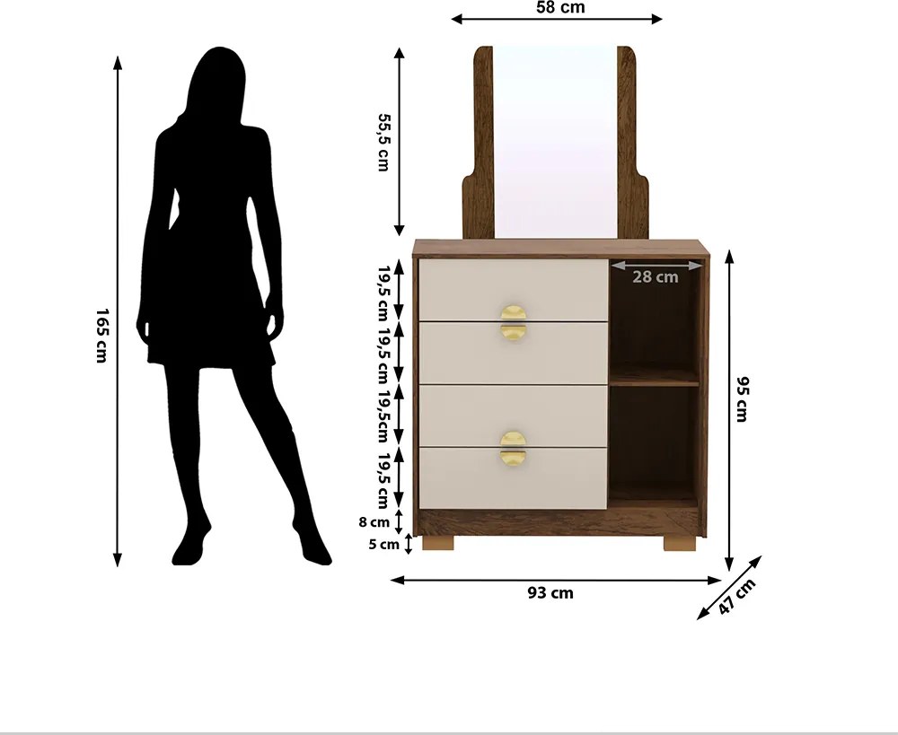 Cômoda Quarto 95cm com Espelho 1 Porta Kenia Imbuia/Fendi V01 - D'Rossi