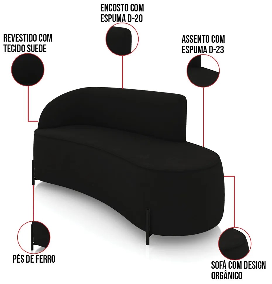 Sofá 3 Lugares Orgânico 180cm Pé Ferro Preto Morgan Suede D03 - D'Rossi - Preto