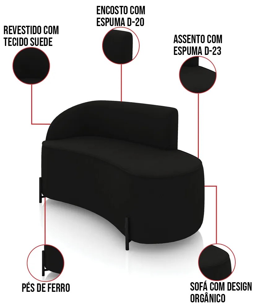 Sofá 2 Lugares Orgânico 140cm Pé Ferro Preto Morgan Suede D03 - D'Rossi - Preto