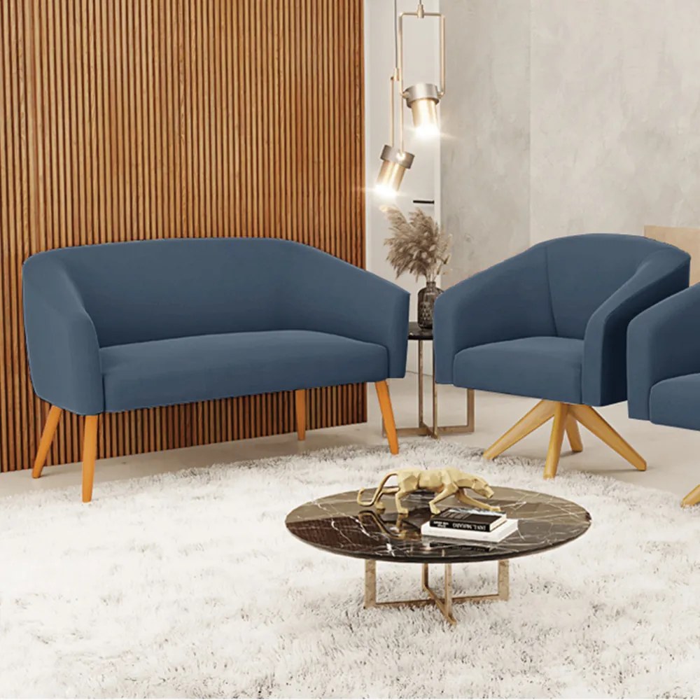 Sofá Namoradeira e Poltrona Giratória MA30 Stella Suede Azul Marinho D03 - D'Rossi