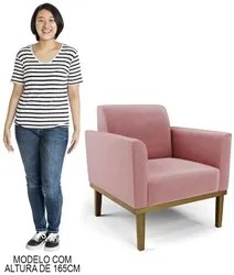 Sofá Namoradeira e 1 Poltrona Base Madeira Castanho Maressa Suede Rosê