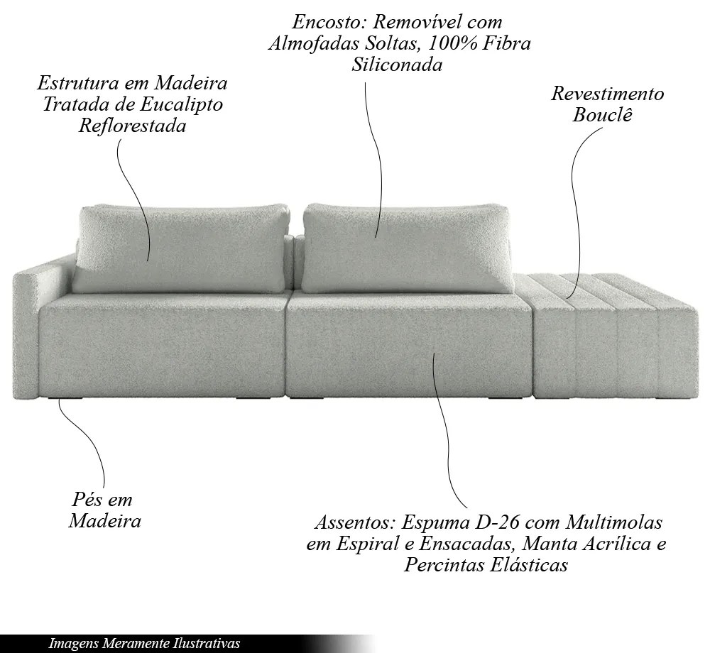 Sofá Ilha Modulado Milos 232cm Puff Lateral Bouclê Cinza G33 - Gran Belo