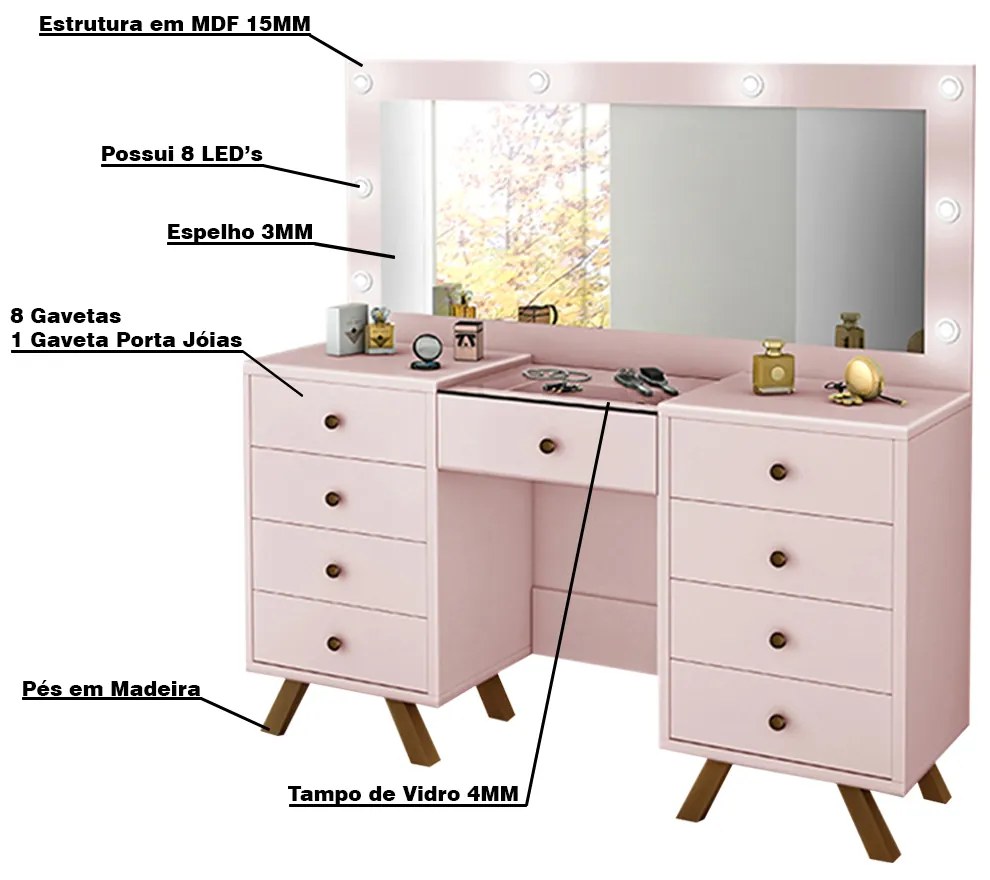 Penteadeira Decorativa 8 Gavetas Porta Joias com Tampo de Vidro Finn Rose G37 - Gran Belo