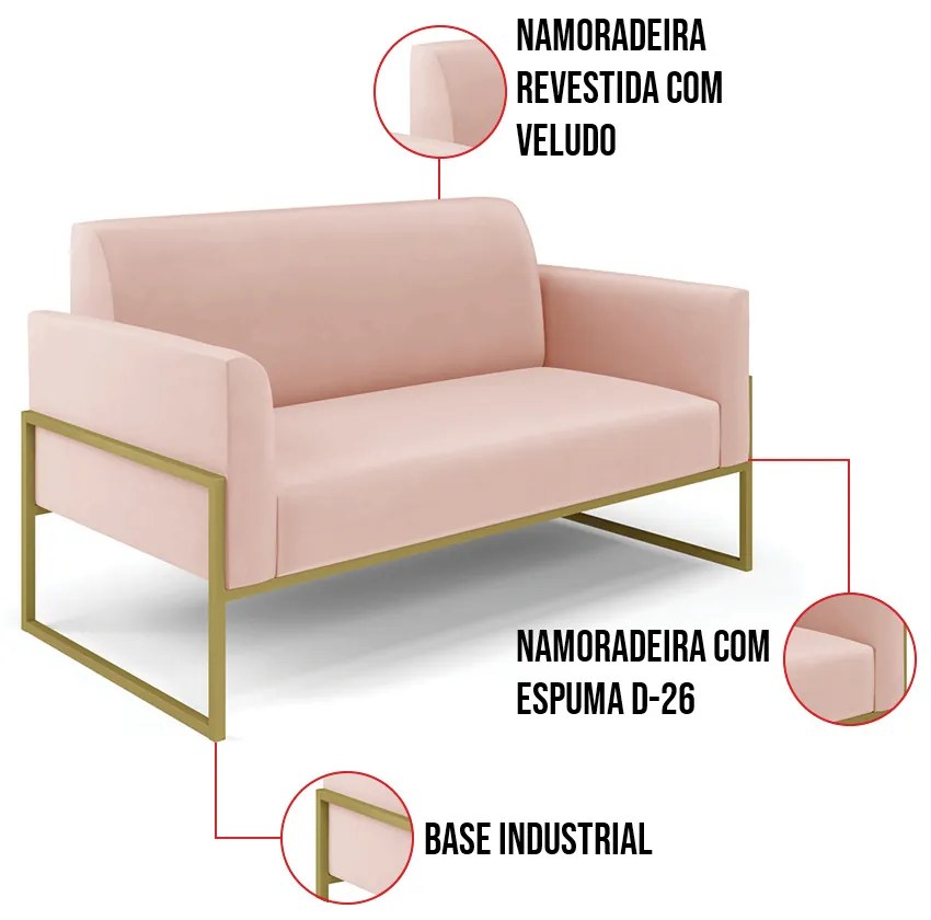 Sofá Namoradeira com 2 Poltronas Base Industrial Alta Dourado Marisa Veludo - Rose