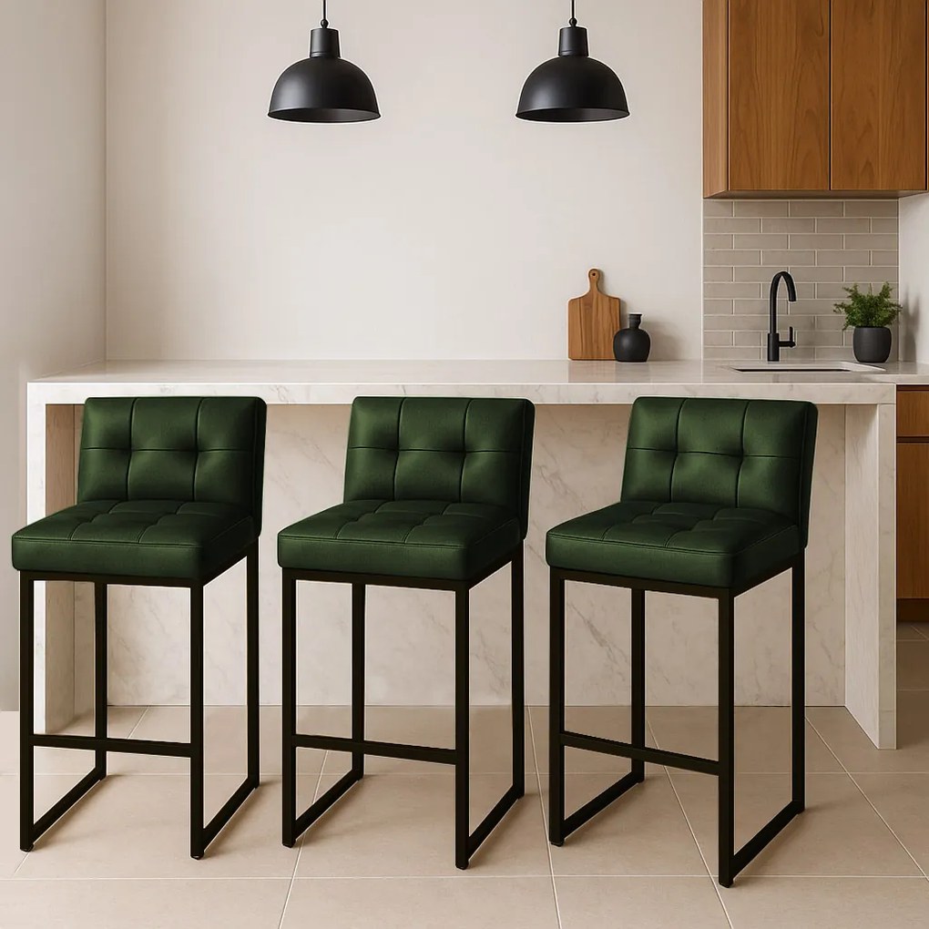 Banqueta Cozinha Alta com Encosto Industrial Kit 3 Preto Lirina PU Verde C05 - D'Rossi