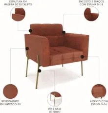 Poltrona Sala Pé Metal Dourado Kit 2 Ana Sintético PU Nozes - Ibiza