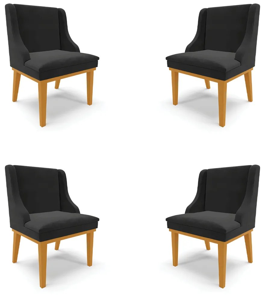 Kit 4 Cadeiras Decorativas Sala de Jantar Base Fixa de Madeira Firenze Veludo Preto/Castanho G19 - Gran Belo