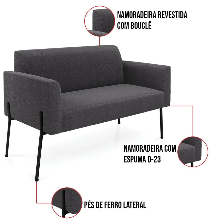 Sofá 2 Lugares Namoradeira Pé Ferro Preto Marisa Bouclê D03 - D'Rossi - Grafite