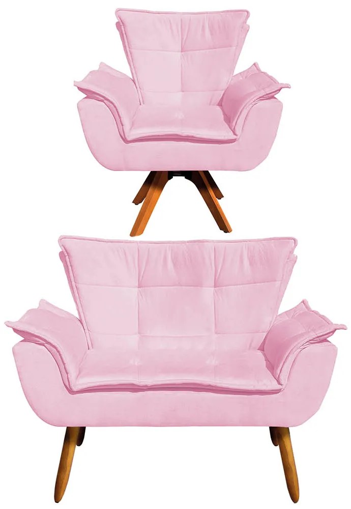 Sofá Namoradeira e Poltrona Giratória MM30 Opala Suede D03 - D'Rossi - Rosa Bebê