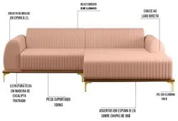 Sofá 265cm 4 Lugares com Chaise Direito Pés Gold Molino C-105 Linho Ro