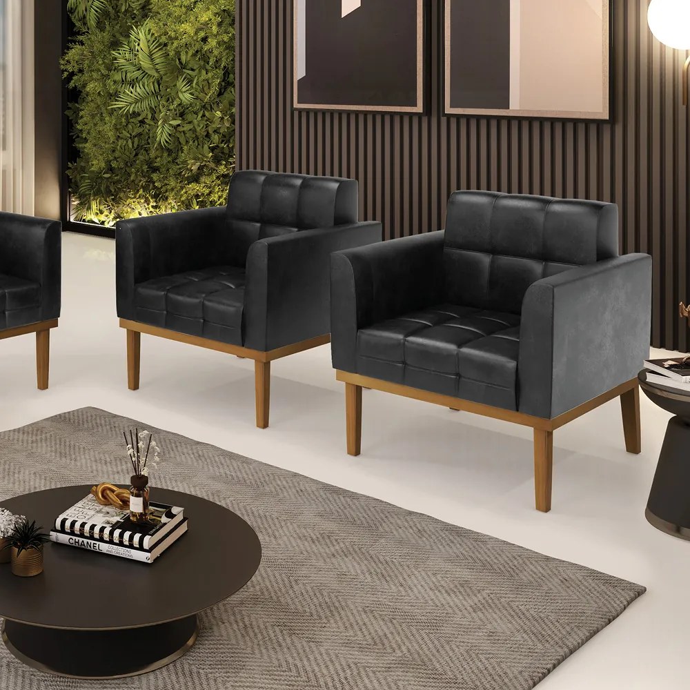 Kit 2 Poltronas Decorativas Karen Pés Fixo em Madeira Castanho PU Preto Brilho G19 - Gran Belo