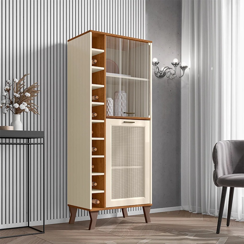 Cristaleira com Porta de Vidro e Adega Arcade Nature/Off White - Mobler - Bege