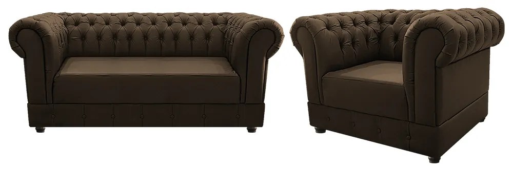 Kit Poltrona e Namoradeira Chesterfield Ana Suede Marrom - ADJ Decor