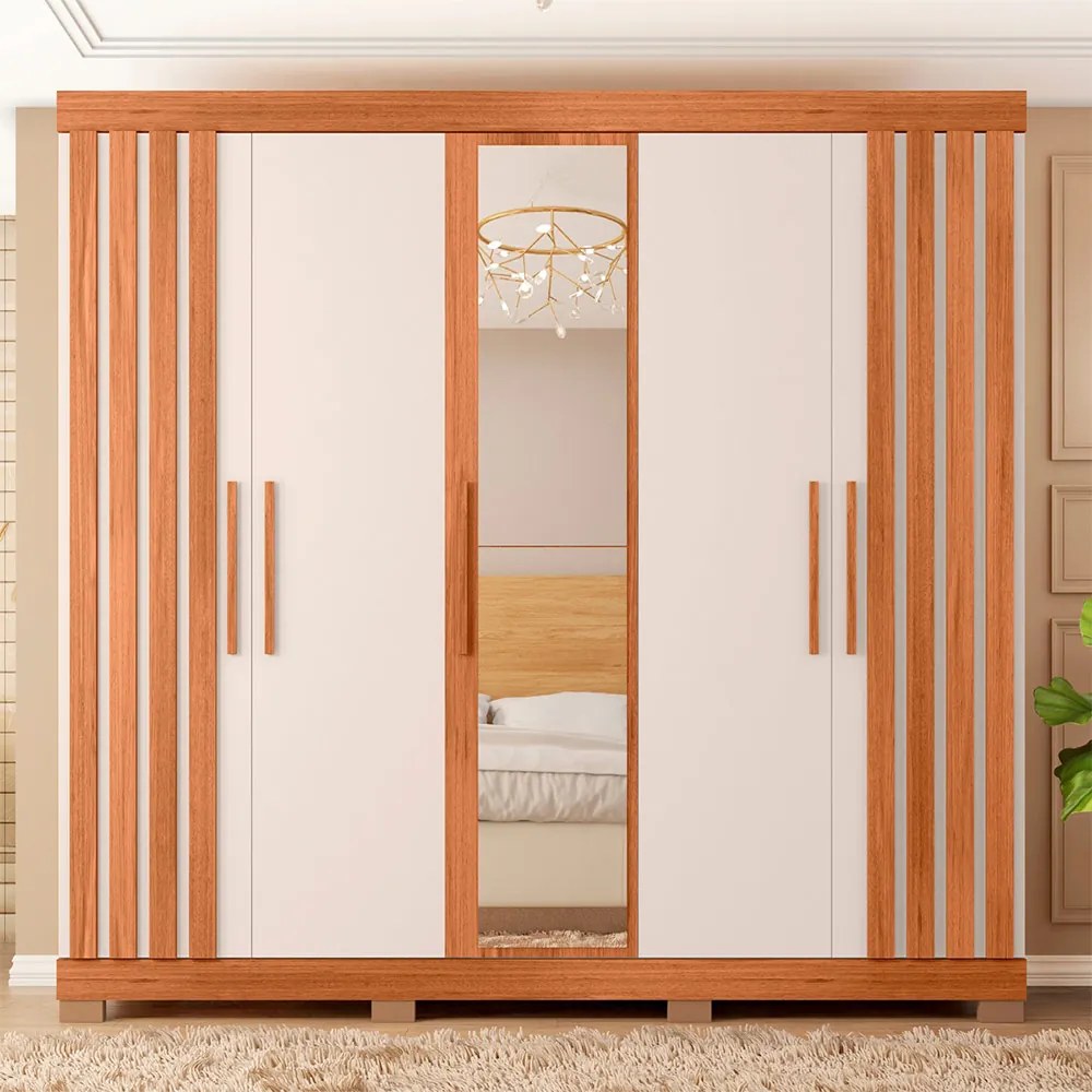 Guarda Roupa Alana Casal com 5 Portas de bater com Espelho 2 Gavetas MDP Freijo/OffWhite G11- Gran Belo