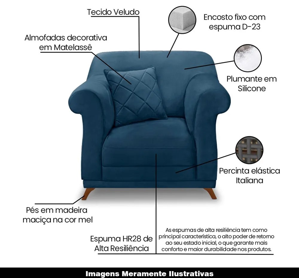 Poltrona Decorativa com 1 Almofada Armstrong Veludo Azul Marinho G63 - Gran Belo