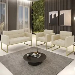 Sofá Namoradeira e 2 Poltronas Base Industrial Dourado Ana Suede Bege