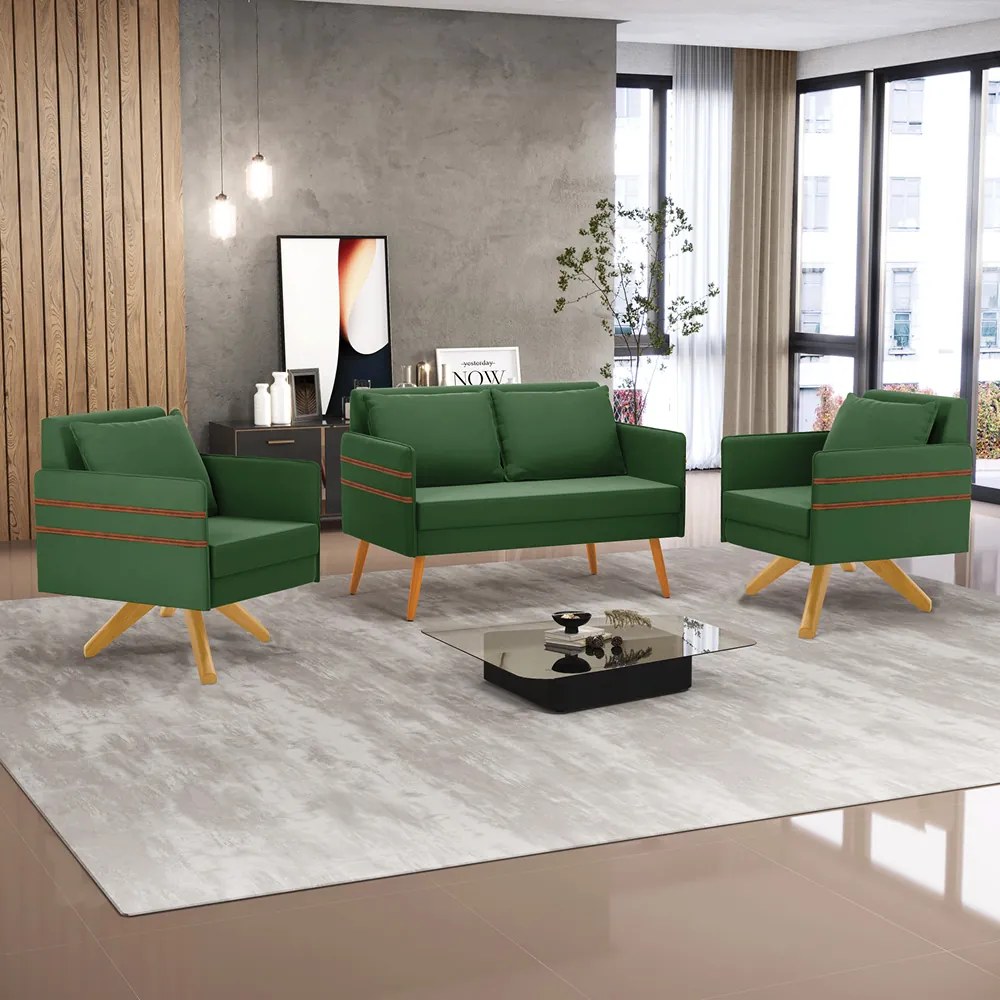 Kit 01 Namoradeira 02 Lugares e 02 Poltronas Mari Suede Base de Madeira MA30 - D'Rossi - Verde