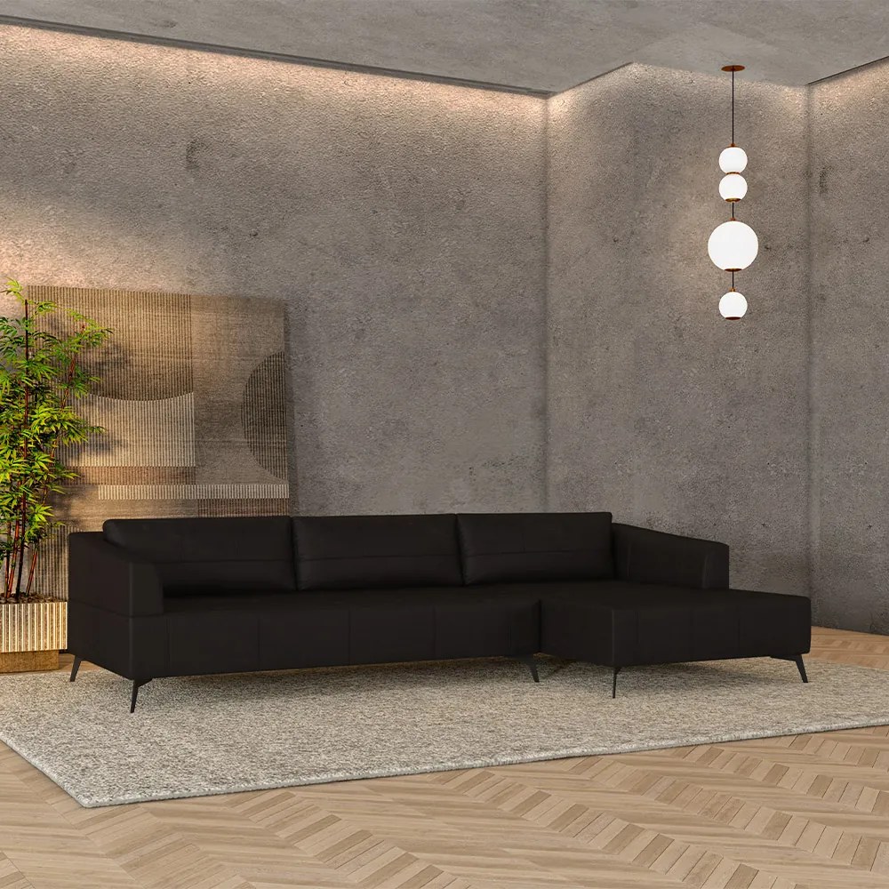 Sofá Bipartido Sala de Estar Kiara 332cm Chaise Direito Pés de Ferro Couro Borgonha Manchado G52 - Gran Belo