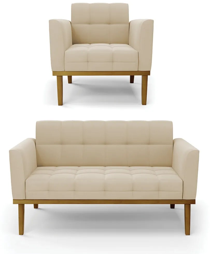 Namoradeira com Poltrona Base de Madeira Castanho Elisa Suede D03 - D'Rossi - Bege