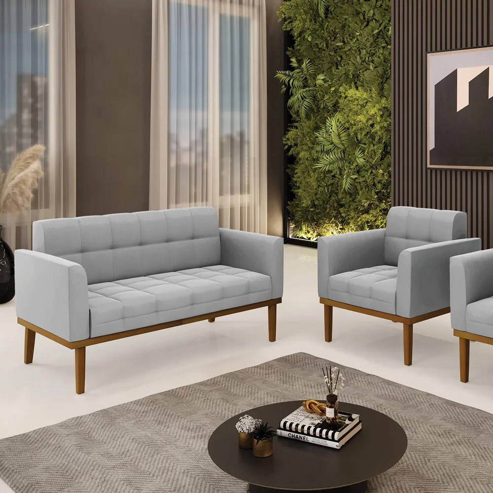 Namoradeira com Poltrona Base de Madeira Castanho Elisa Suede D03 - D'Rossi - Cinza