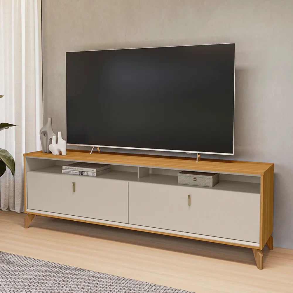 Rack Bancada Duarte Pés em Madeira 182cm TV Até 60 Polegadas Tauari/OffWhite  G77 - Gran Belo