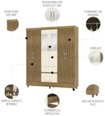 Guarda Roupa Solteiro 154cm Com Espelho Mayra Nature/Champanhe V02 - M