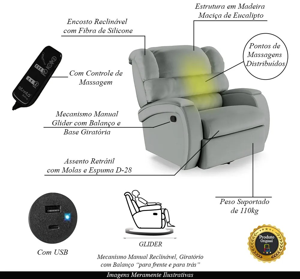Poltrona do Papai Sala de Cinema Reclinável Kylie Glider Manual Giratória Massagem USB PU Cinza G23