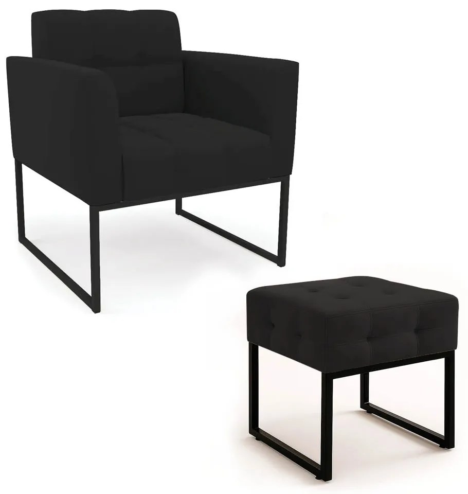 Poltrona Sala e Puff Decorativo Industrial Elisa Veludo D03 - D'Rossi - Preto