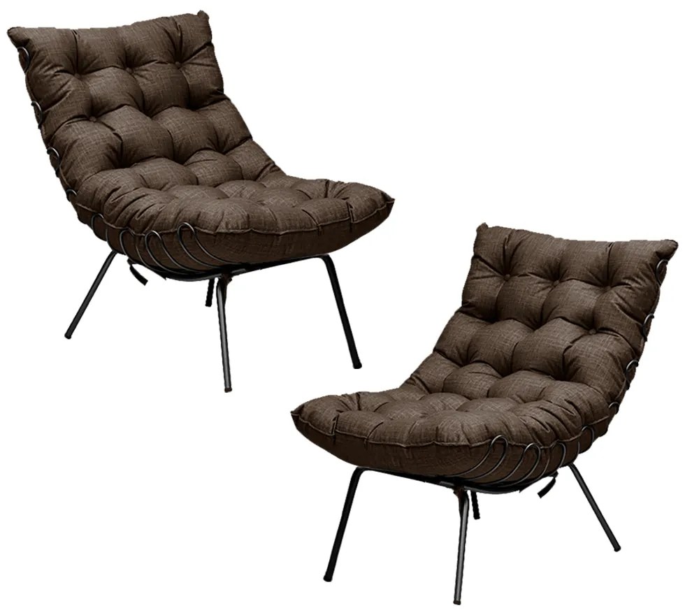Kit 2 Poltronas Decorativas Sala de Estar Abel Base de Ferro Preto Linho Marrom G41 - Gran Belo