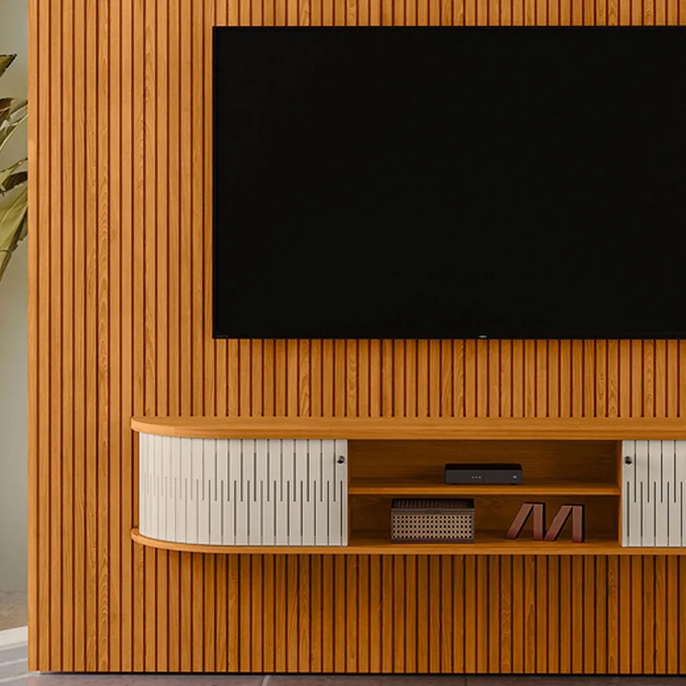 Painel TV 75 Pol 238cm Kalven e Bancada Suspensa Aurenzo Cinamomo/Off White M20 - D'Rossi