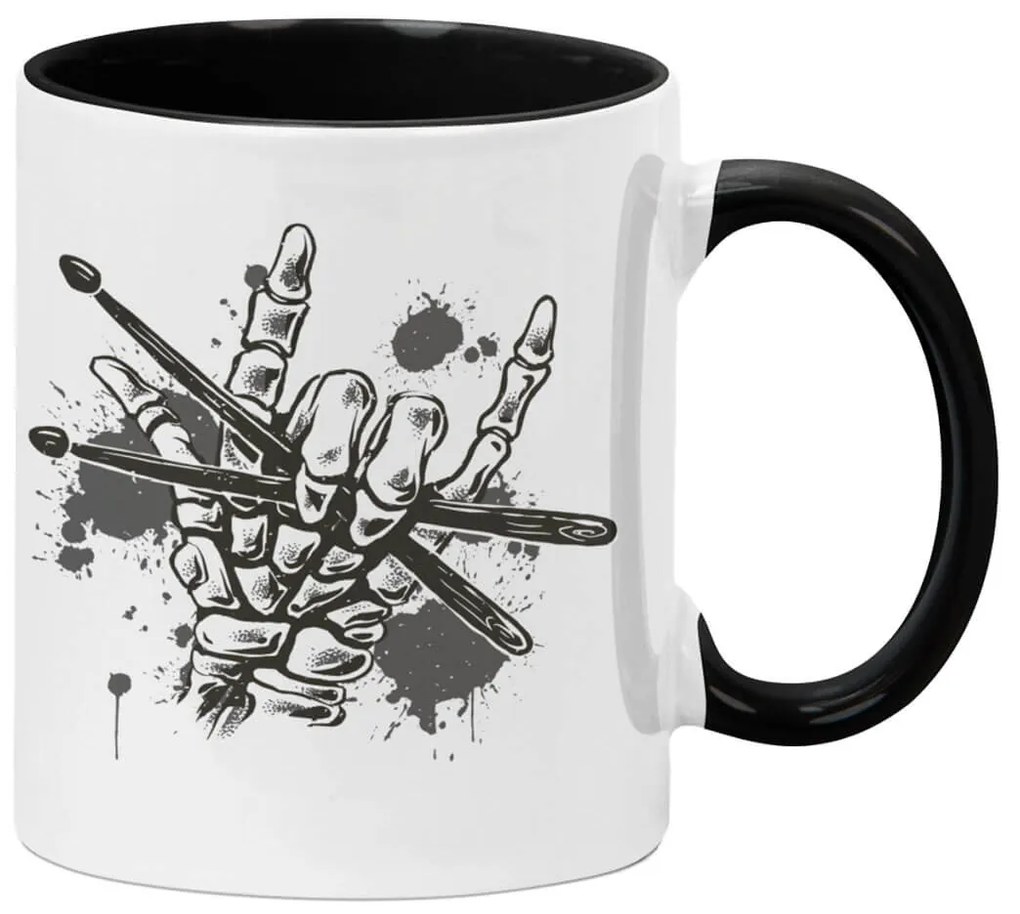 Caneca Caveira Rock Baquetas Branca com Alça Preta