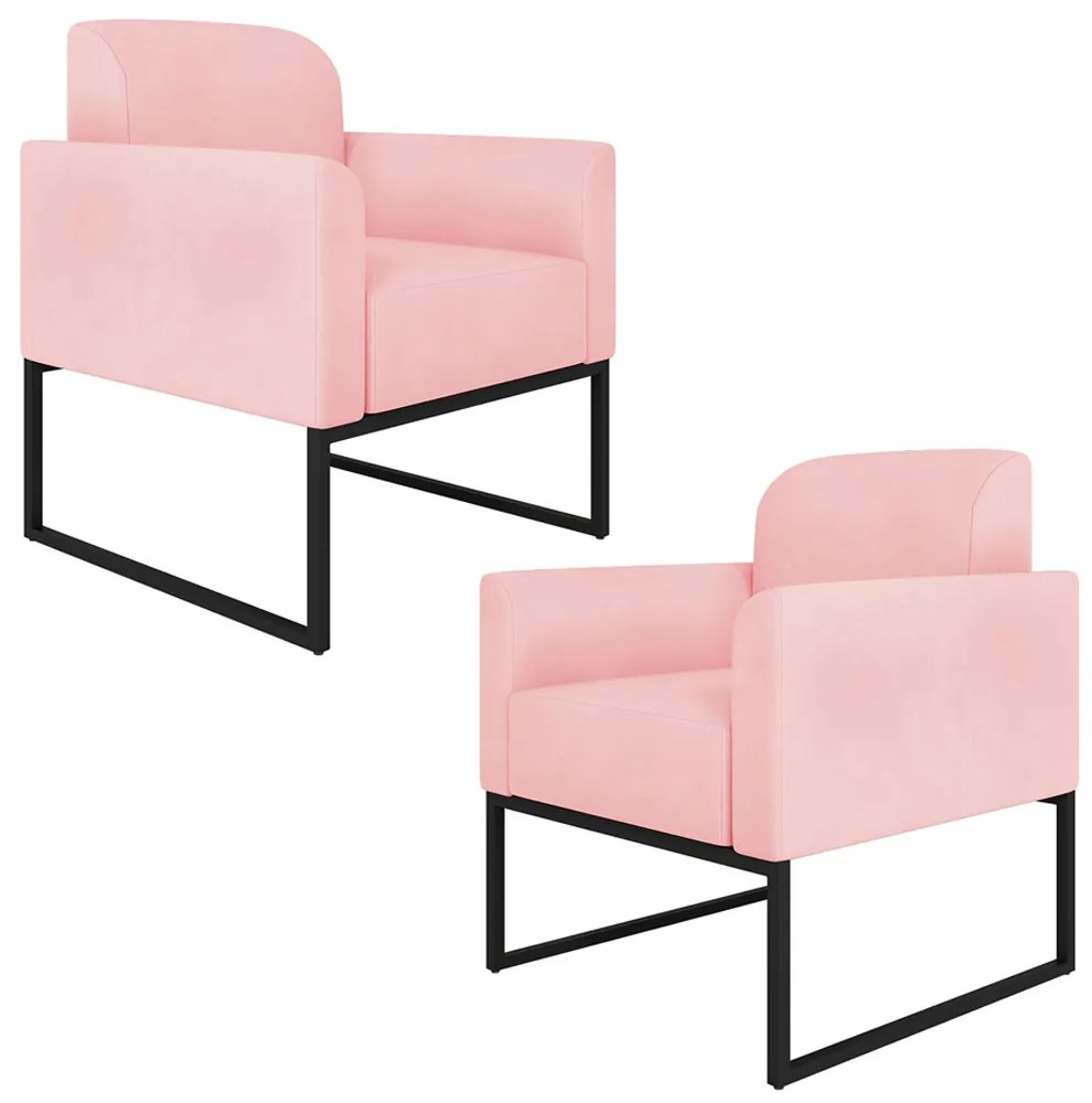 Kit 2 Poltronas Decorativas Isabella Base Industrial Suede Rosa Bebê/Preto G19