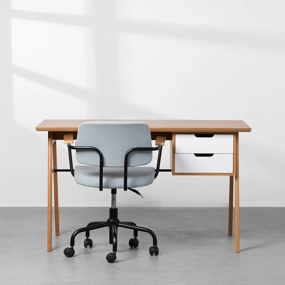Conjunto Office - Escrivaninha Vintage 2 Gavetas Freijó e Branco 1,30m + Cadeira de Escritório Bart Azul