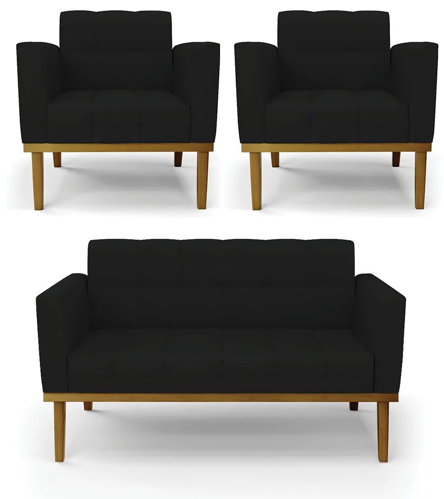 Conjunto 2 Poltronas e 1 Namoradeira Decorativa Karen Pés Fixo em Madeira Castanho Linho Preto G19 - Gran Belo