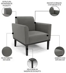Sofá Namoradeira e 1 Poltrona Base Madeira Preto Maressa Suede Grafite