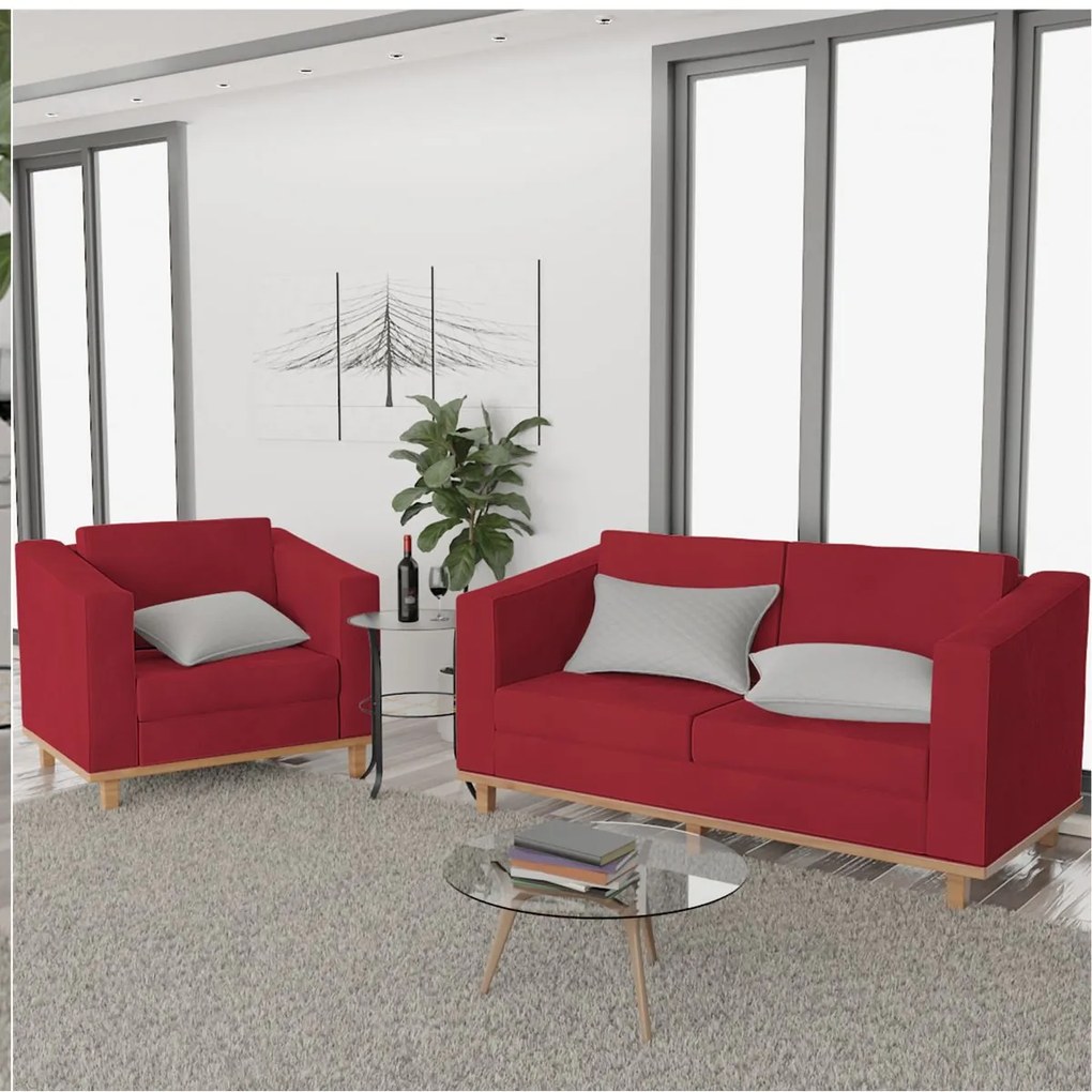 Kit Sofá 2 Lugares e Poltrona Europa Suede Vermelho ADJ Decor