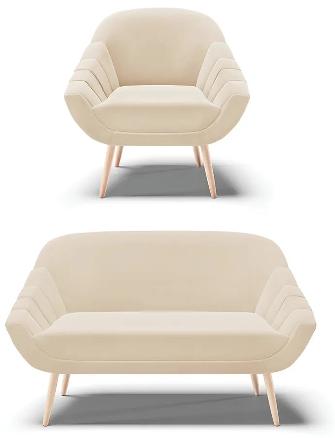 Kit 01 Namoradeira 02 Lugares e 01 Poltrona Giovana Suede Bege Pés Palito Natural - D'Rossi